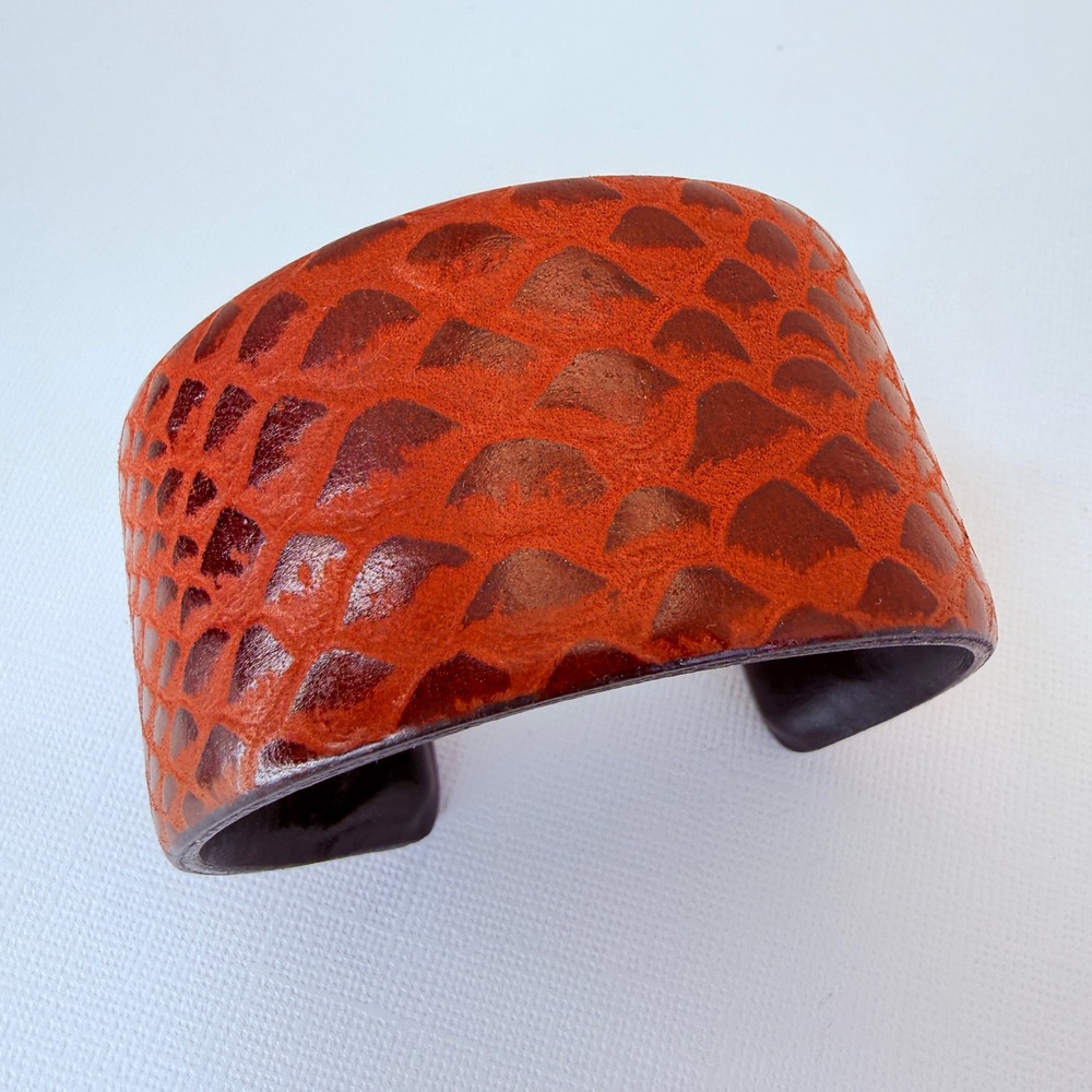 Genuine Leather Cuff Bracelet Red Embossed Wide Boho Statement